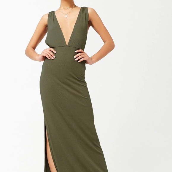 Forever 21 Plunging Ribbed Knit Maxi Dress - Olive - Picture 4 of 8